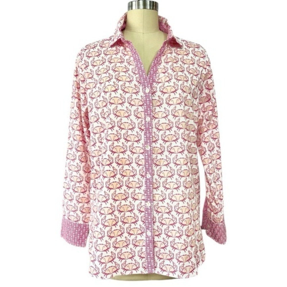 Crab Print Cotton Voile Beach Shirt Pink Coastal Summer Button Down Small